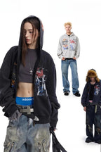Hip-hop Graffiti Print Zip-up Hooded Coat