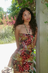 Halter Bandeau Retro Print Color Block Mini Dress