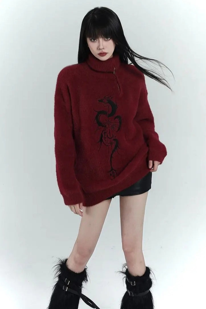 Y2K Grunge Red Zipper Print Oversized Streetwear Sweater Main image