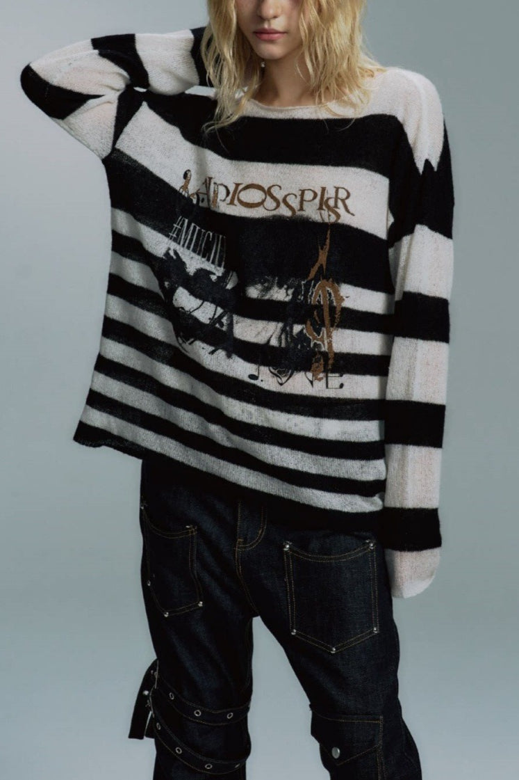 Graphic Stripe Crew Neck Sweaters