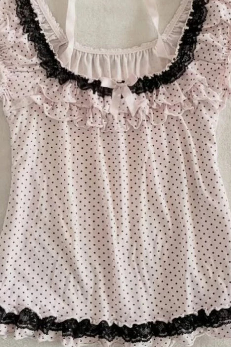 Polka Dot Bow Lace Tie Crew Neck Halter Top
