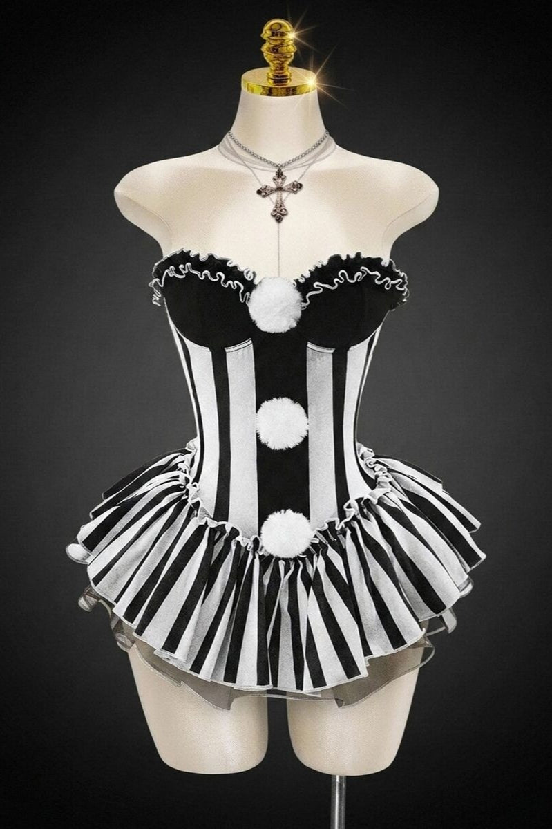 Striped Strapless Pom Detail Mini Dress