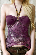 Retro Beaded Halter Asymmetrical Mesh Tank Top