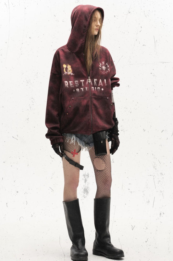 Mottled Graphic Zip Up Hoodies