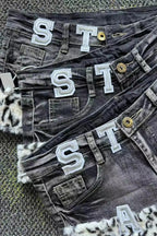 Punk Letter Print Low Rise Denim Shorts