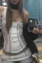 White Rhinestone Sequin Patch Sleeveless Tank Top