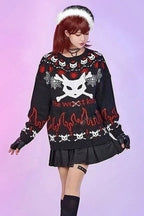 Gothic Christmas Cat Head Pattern Crew Neck Women's Knit Sweater