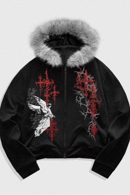Angel Thorn Graphic Grey Fur Trim Hoodie Main image