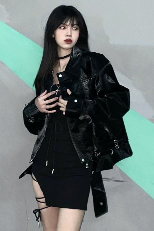 Casual Crocodile Punk Pattern PU Leather Jacket Secondary image