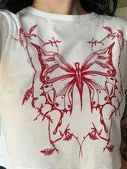 Sexy Gothic Butterfly Graphic Fitted Crop Top