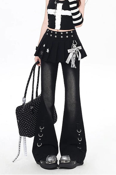 Y2K Layered Flare Denim Skirt Pants Main image