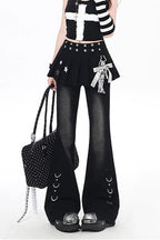 Y2K Layered Flare Denim Skirt Pants