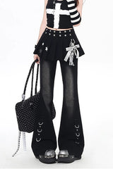 Y2K Layered Flare Denim Skirt Pants