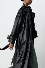 Belted Faux Leather Oversized Long Trench Coat