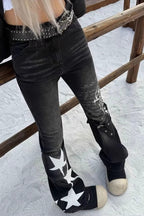 Retro Letter & Star Print Flare Jeans Pants