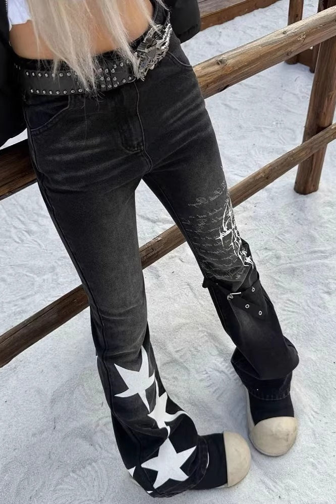 Retro Letter & Star Print Flare Jeans Pants