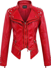 Embroidered Rivet Washed PU Leather Waist-fit Short Jacket