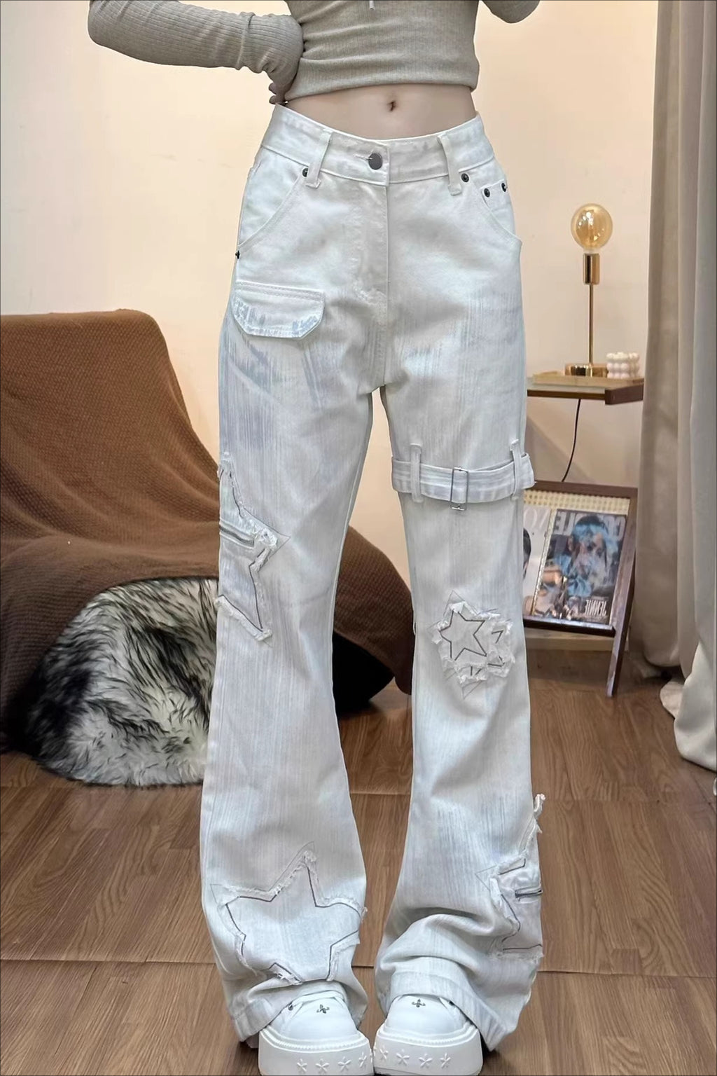 Retro Cross & Letter Embroidery Flare Jeans Pants