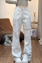Retro Cross & Letter Embroidery Flare Jeans Pants