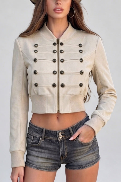 Braided Button Cropped Zip Jackets