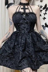 Black Gothic Jacquard Ruched Bandage A-line Mini Dress