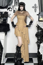 Khaki Gothic Hooded Mesh Cape And Dress