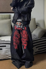Baggy Gothic Streetwear Plaid Patch Denim Floor-Length Pants