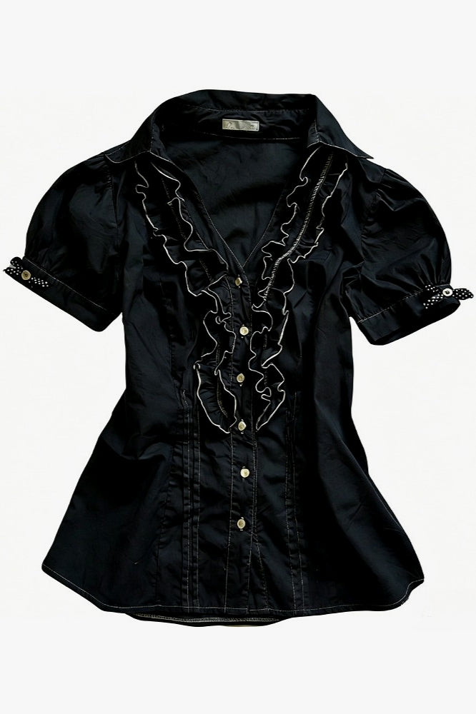 Vintage Collar Ruffle Puff Sleeve Blouse