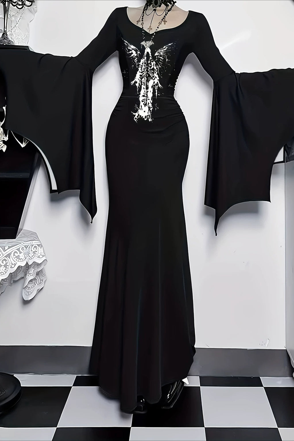 Batwing Cuff Graphic Maxi Dress