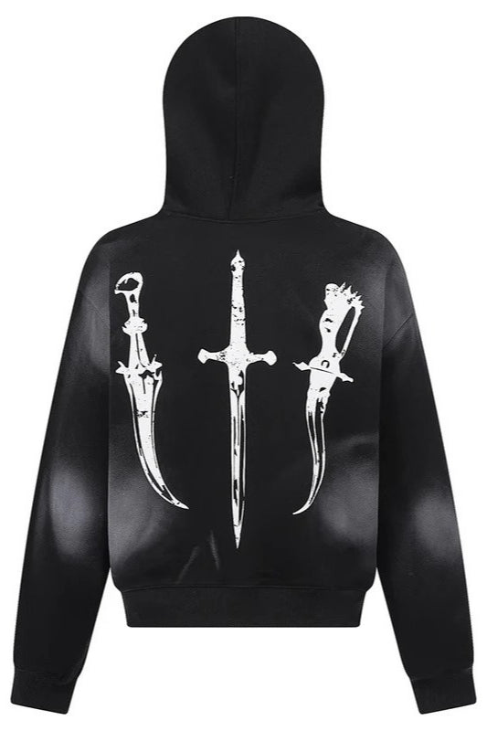 Gothic Dagger Graphic Tan Fur Trim Zip Hoodie Secondary image