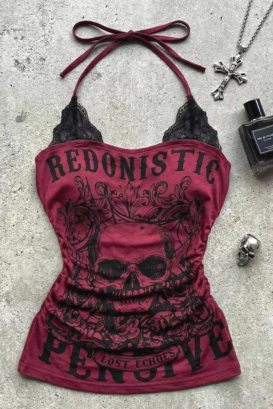 Lace Patchwork Skull Halter Top Main image