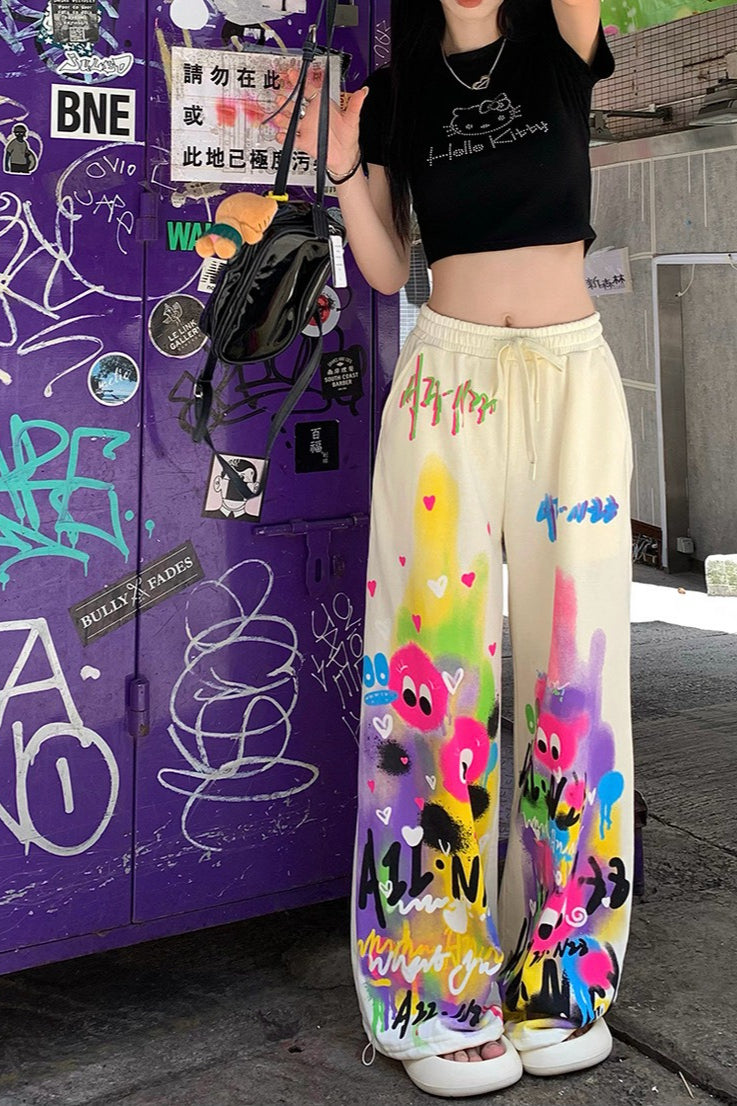 Graffiti Print Drawstring Floor Length Wide Leg Pants Secondary image