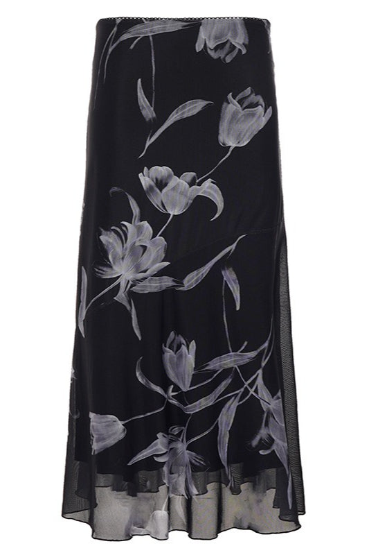 Monochrome Floral Mesh Midi Skirts