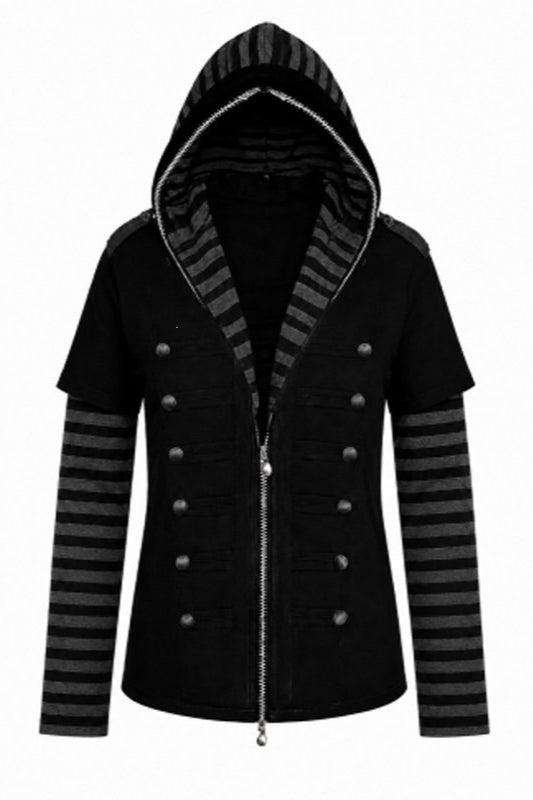 Button Front Layered Stripe Hoodies