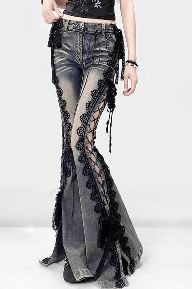 Lace Trim And Plain Denim Pants