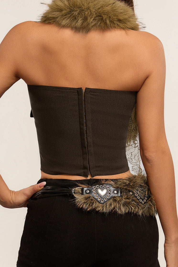 Vintage Lace Splicing Furry Collar Halter Top