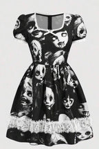 Doll Print Lace Trim Mini Dress