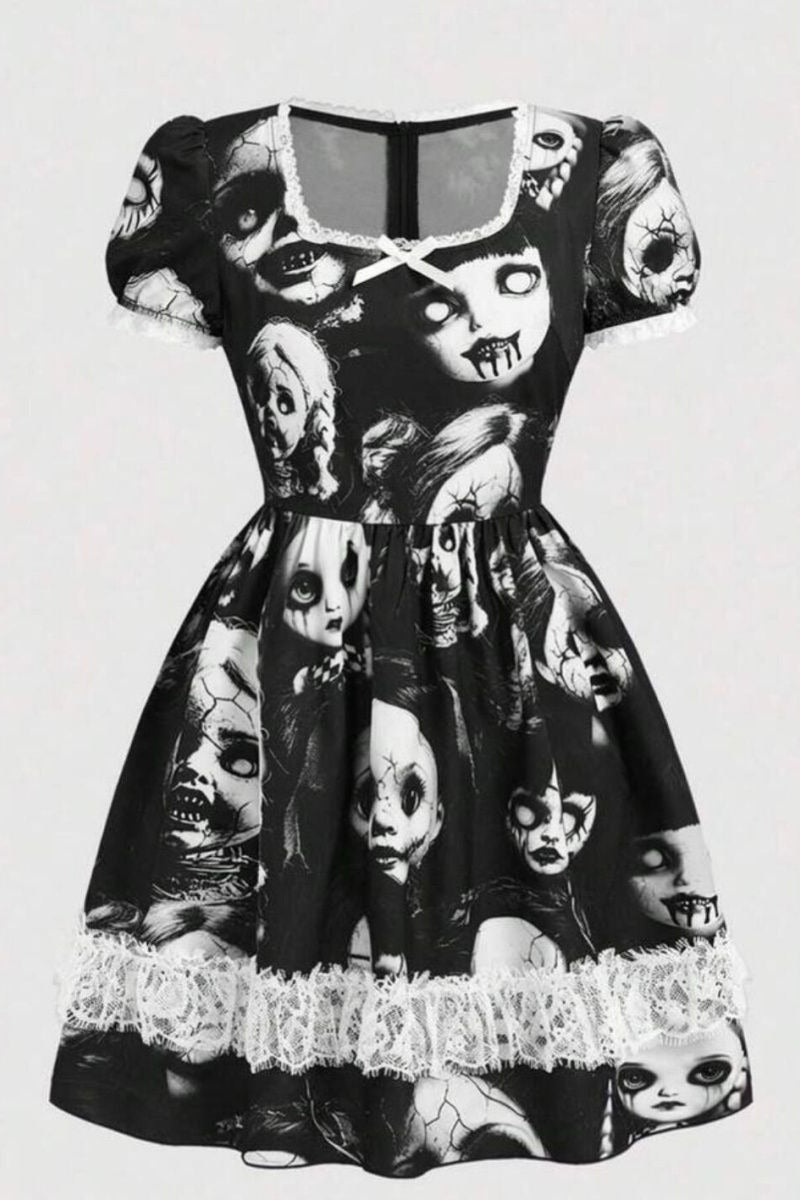 Doll Print Lace Trim Mini Dress