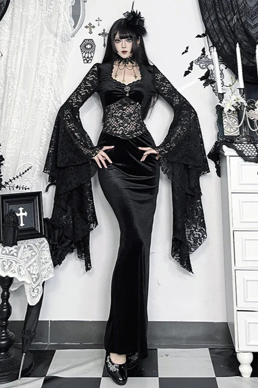 Dark Gothic Lace Fitted Flared-sleeve Hollow-out Maxi Dress