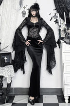 Dark Gothic Lace Fitted Flared-sleeve Hollow-out Maxi Dress