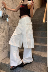Bow Decor Layered Look White Baggy Pants