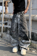 Spray Paint Dirty Dye Print Loose Fit Jeans Pants