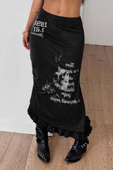 Gothic Punk Print Ruffled Midi Skirt