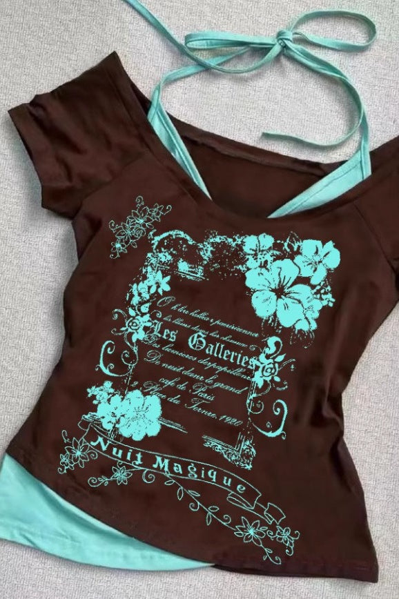 Y2K Vintage Graphic Fake Two-Piece Slim Cami T-shirt Secondary image