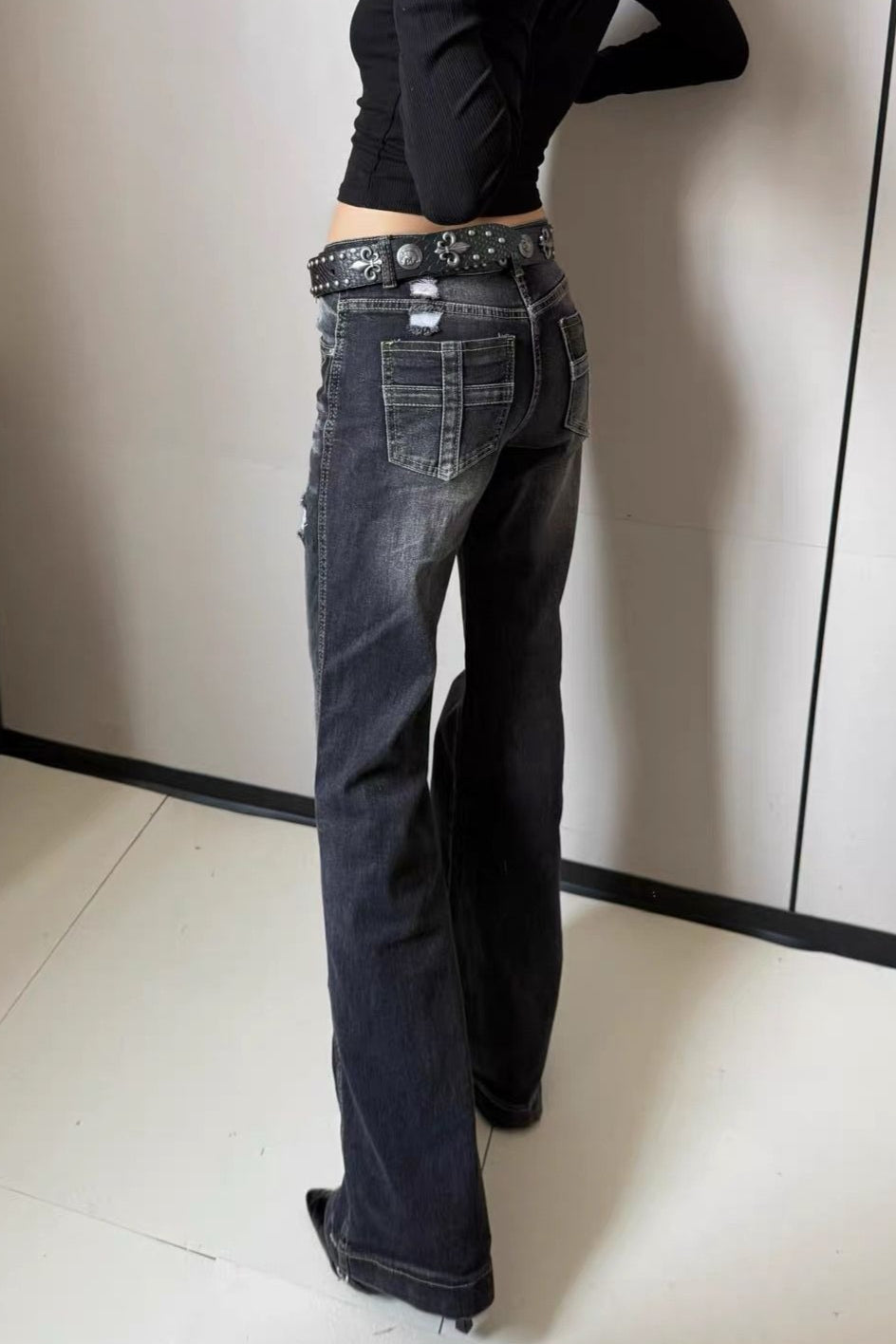 Cross Patch Distressed Flared Pants
