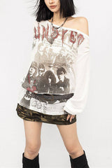 Vintage Graffiti Print Off Shoulder Cover Up T-shirt