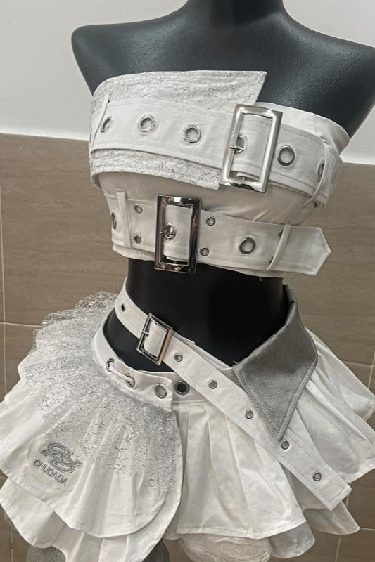 Belted Bandeau Skirt Set And Apron Dress