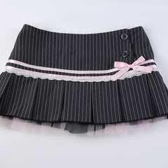 Spice Striped Bow Lace Pleated Patchwork Mini Skirt