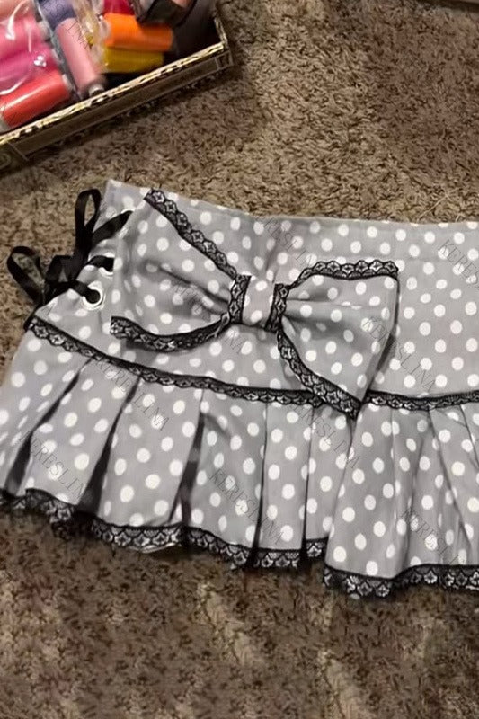 Polka Dot Lace Ruffle Pleated Mini Skirt
