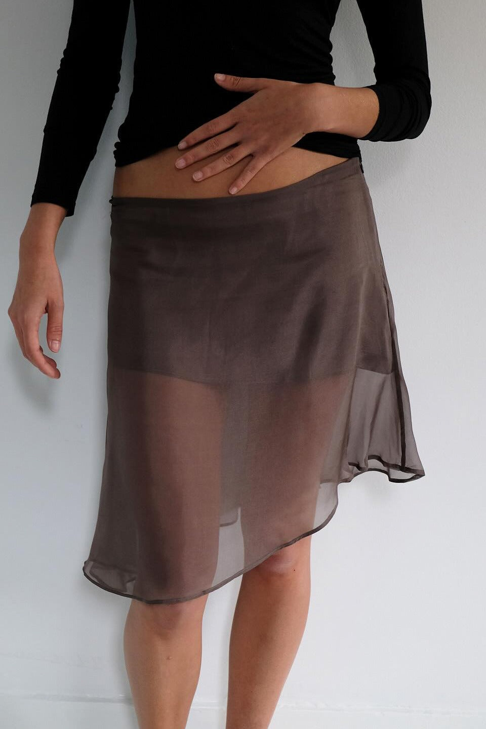 Sheer Overlay Asymmetric Midi Skirts